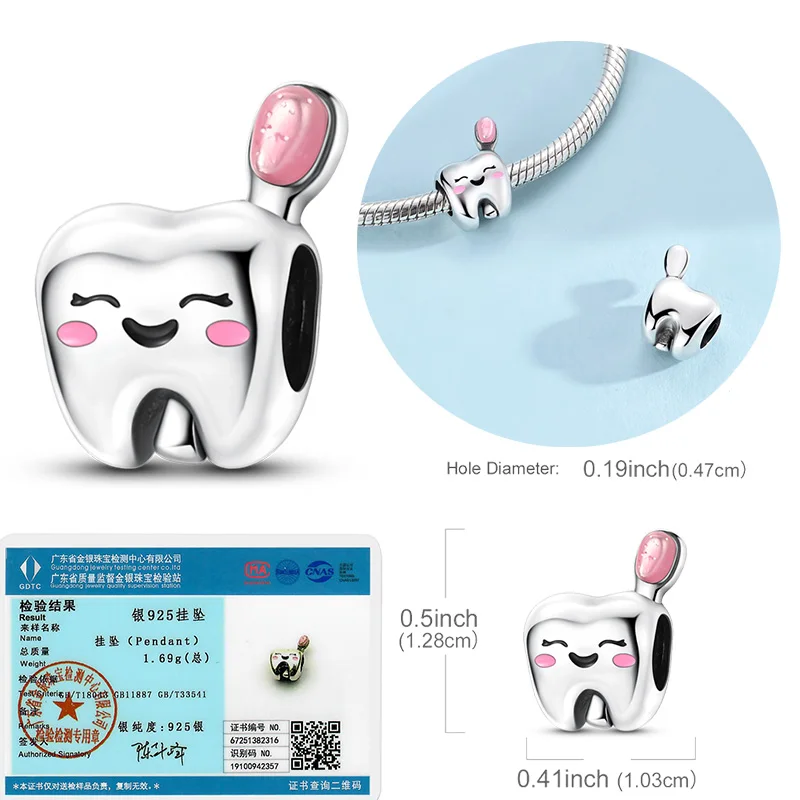 

Оригинальный настоящий стерлингового серебра 925, очаровательная бусина, улыбка, зубная бусина, зубная щетка, подходит для оригинальных браслетов для женщин, аксессуары «сделай сам»