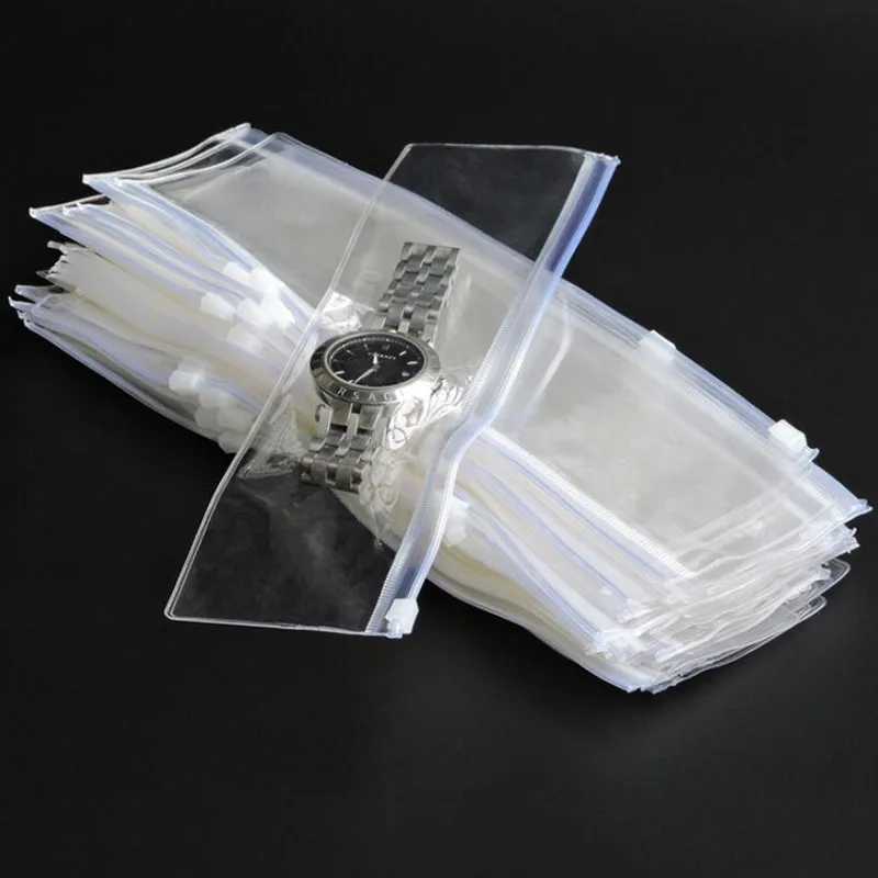 50pcs Clear Plastic Watch Band Packaging Bag PVC Long Necklace Jewelry Display Zipper Storage Pouches Thicken