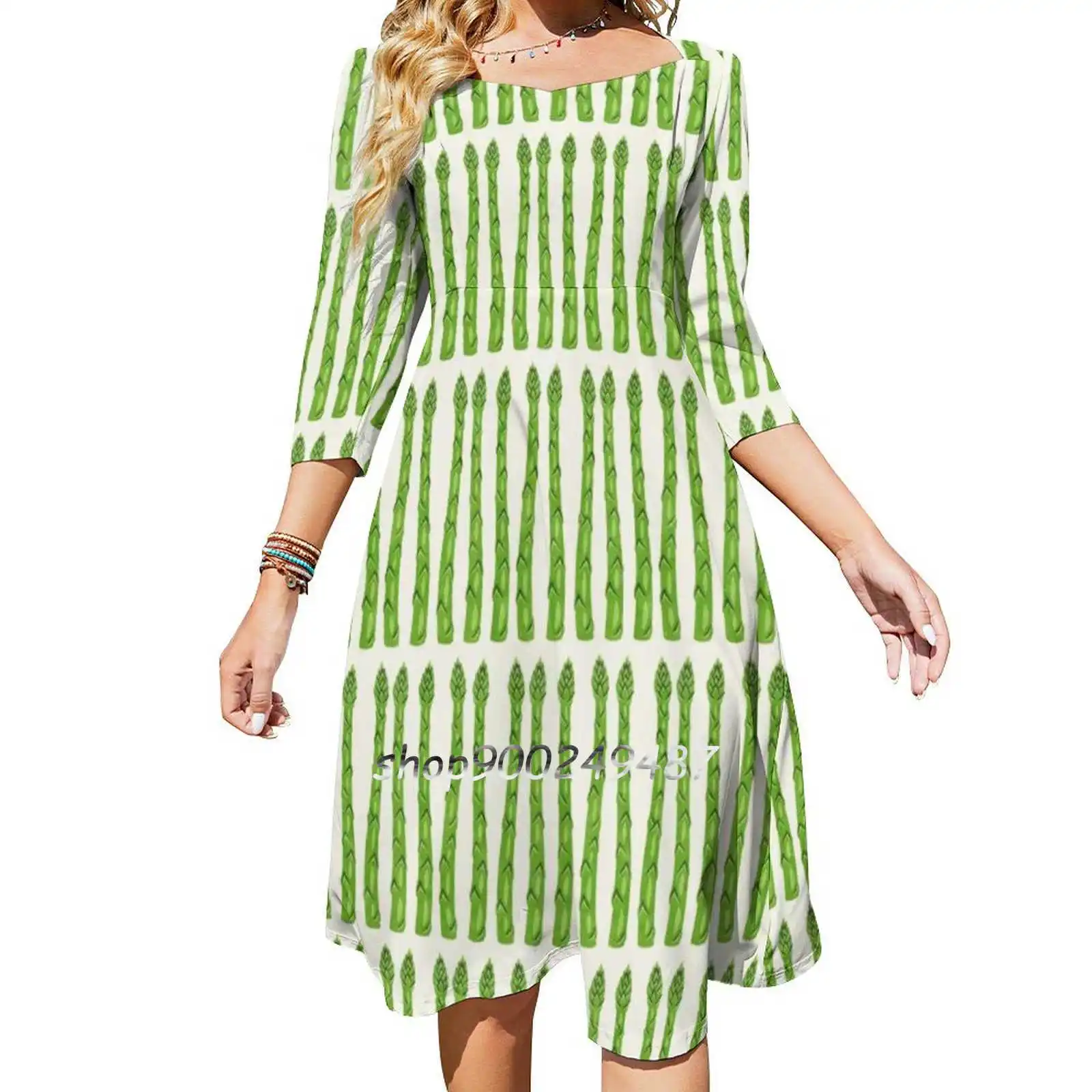 Asparagus-Vegetables Flare Dress Multiple styles Print Dress Short and Long Sleeve Dress Asparagus Green Vegetables Vegetable