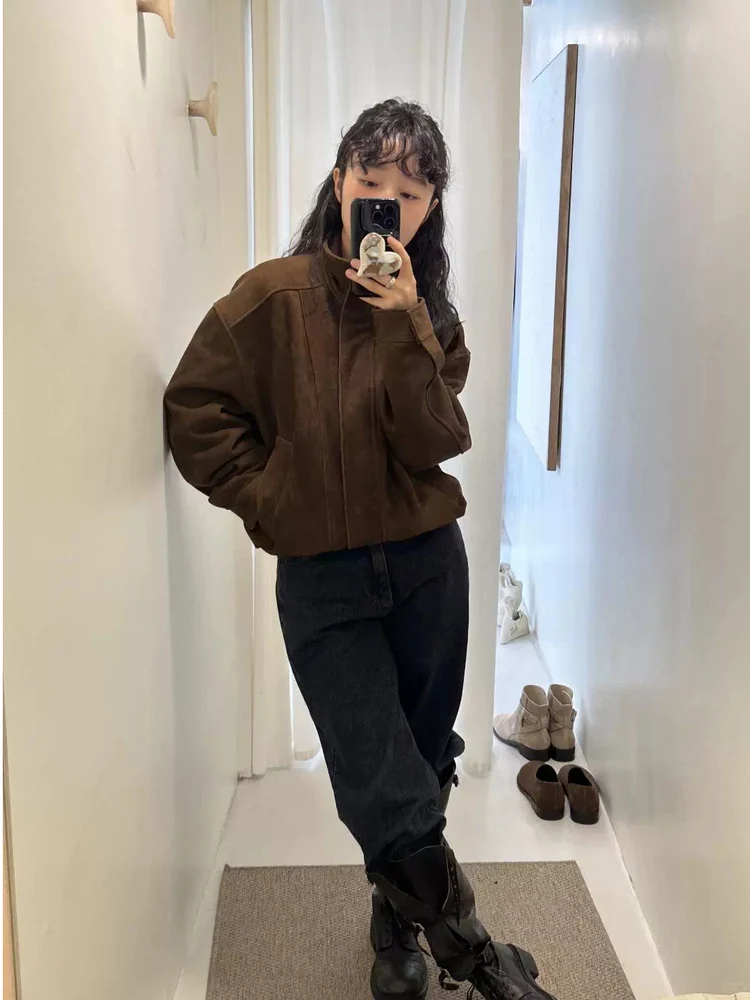 سترة قصيرة من الجلد المدبوغ بتصميم عتيق، ياقة عالية مع سحاب، ملابس خارجية فضفاضة للنساء، مجموعة الخريف، إصدار المصمم #4
