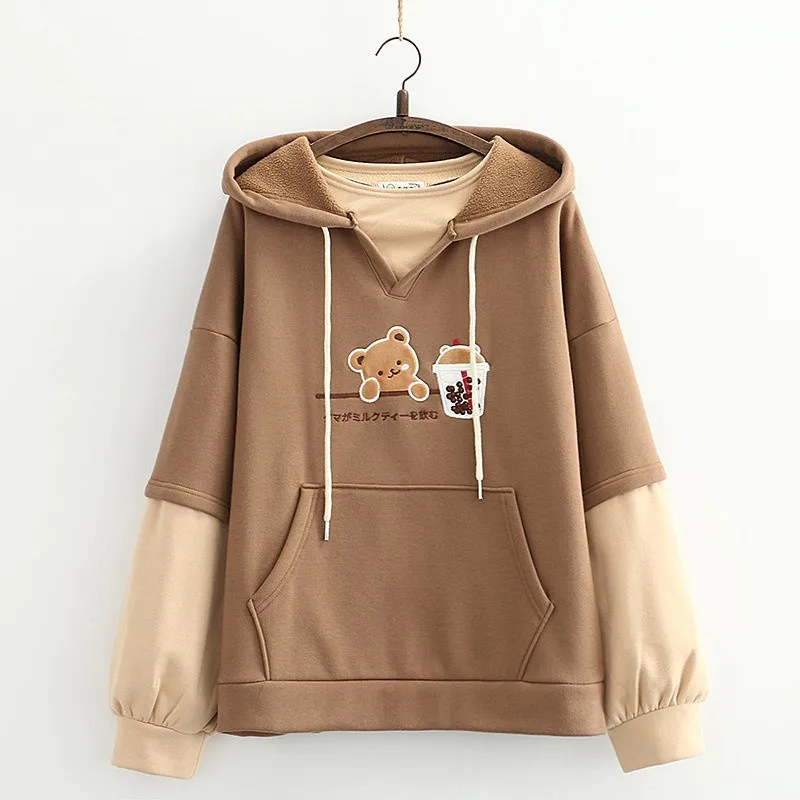 Kawaii Bear Women Hoodie Cute Milk Tea Sweatshirt Harajuku Soft Girls Pullover Winter Warm Tracksuit Outerwear