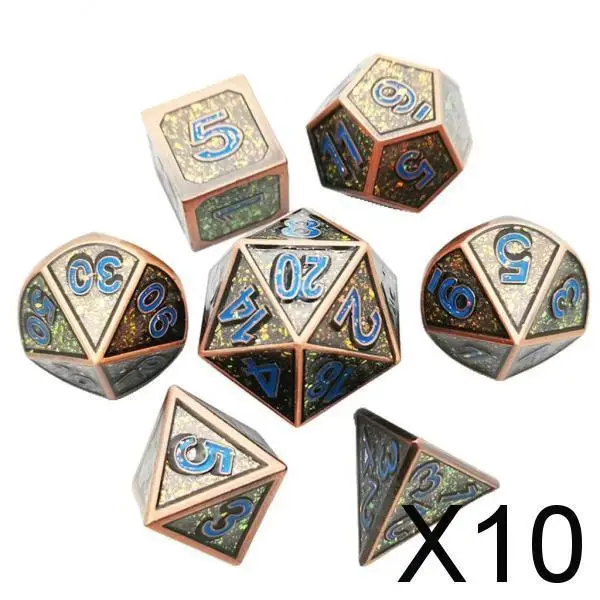 

Набор металлических многогранных кубиков (10x7 штук): D4, D6, D8, D10, D12, D20, Стиль 5