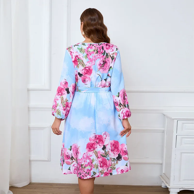 Tinaa Holiday Plus Size Dresses Women 2025 Spring Autumn New A-line Printing Lantern Sleeve Party Beach Long Dress with Belt