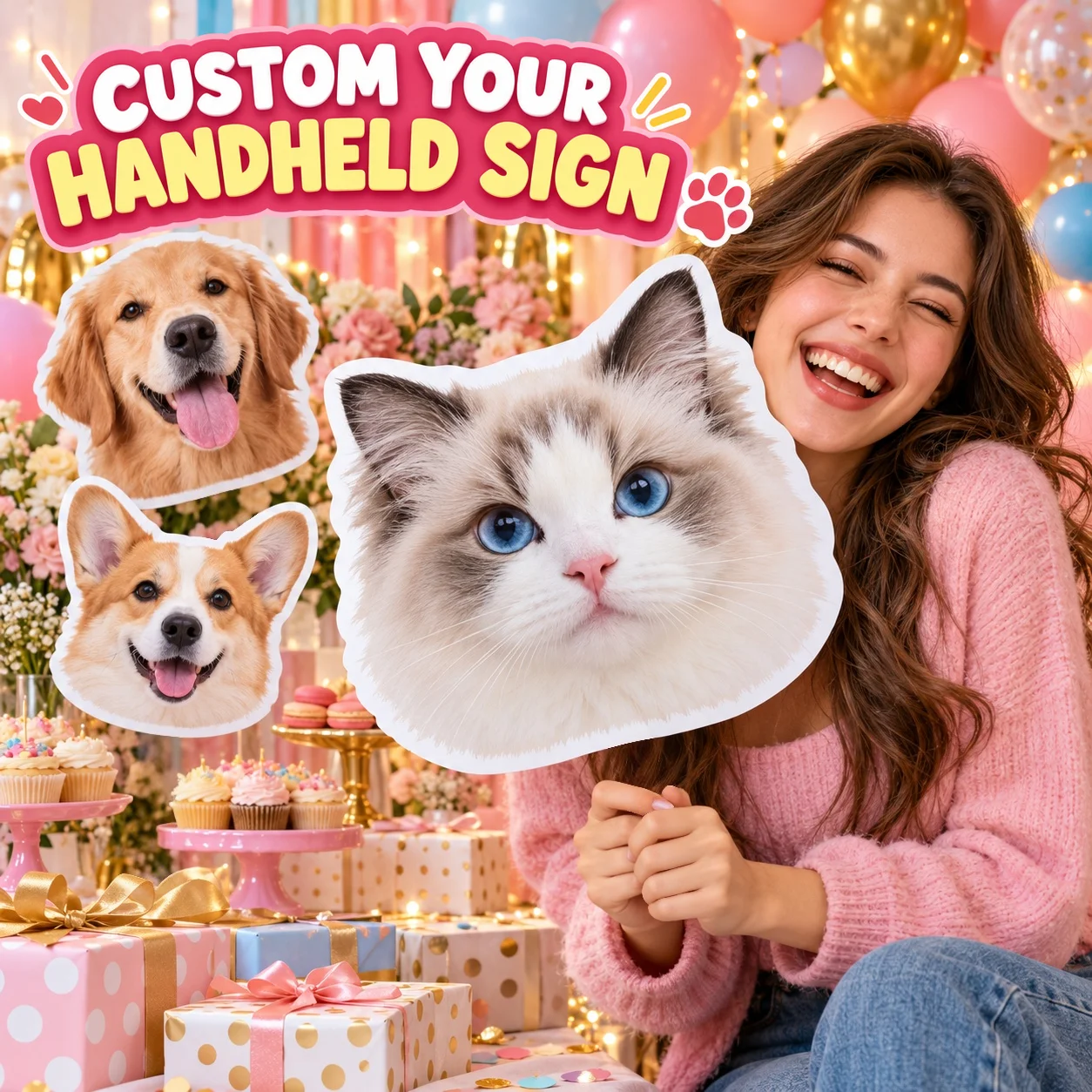 Custom Pet Face Cutout on Stick Personalized Dog Cat Photo Hand Held Sign HD Print Party Photo Booth Prop Gift for Pet Lovers