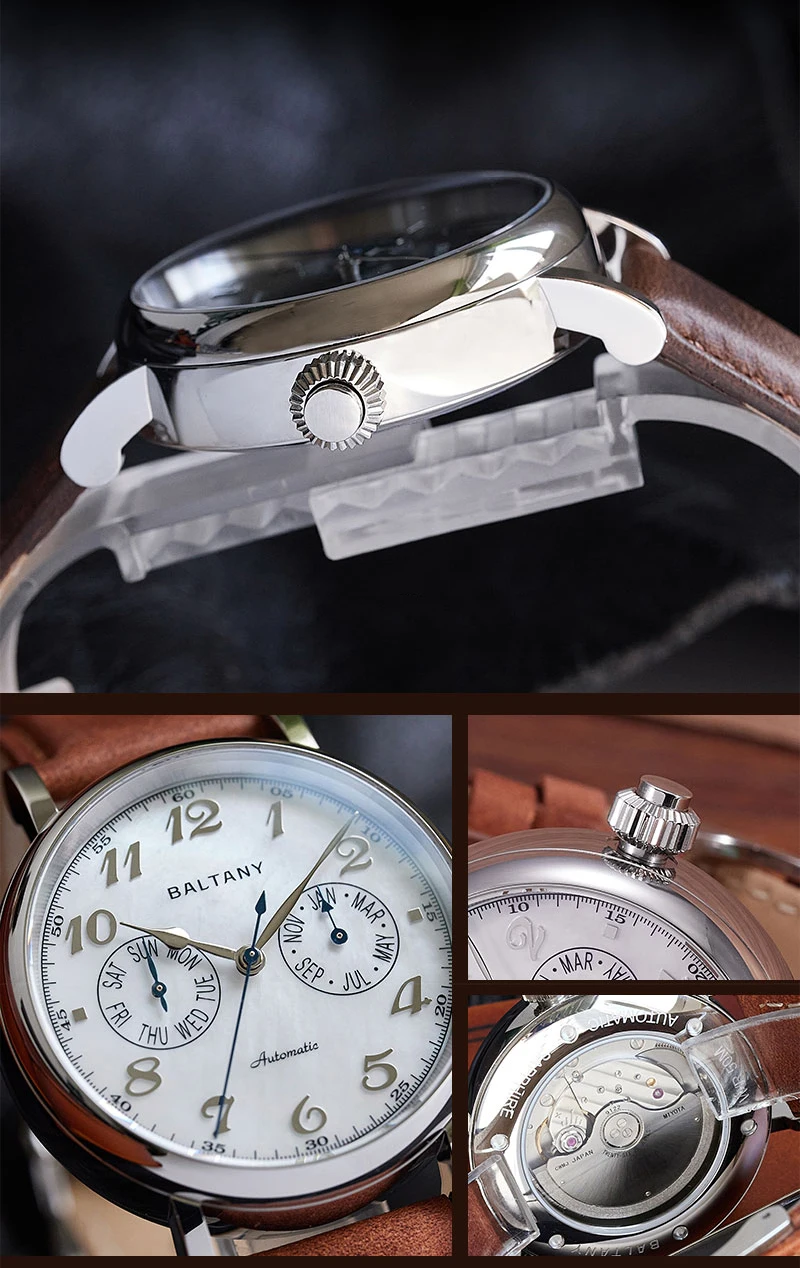 Baltany Men Automatic Watch 41mm Pilot Mechaical Wristwatch Sapphire 5ATM Waterproof Miyota 9122 Muiti-Dial Monrh Week