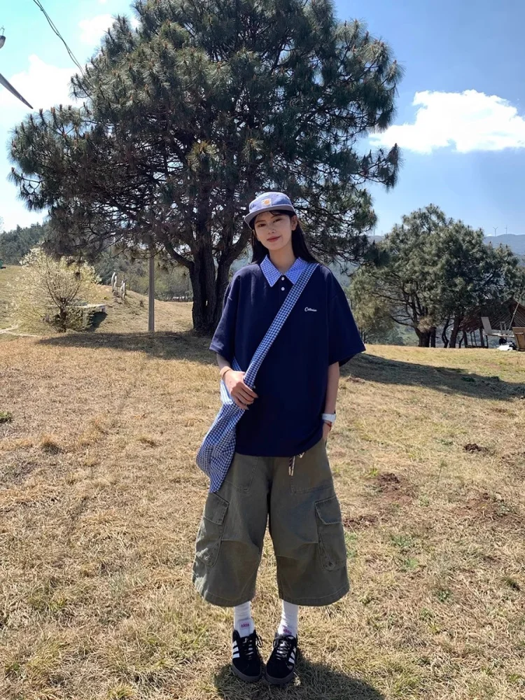 الصيف الأمريكية الرجعية كلية عادية فضفاض العصرية العلامة التجارية كاذبة قطعتين منقوشة المرقعة irt ort Sve T-irt ex