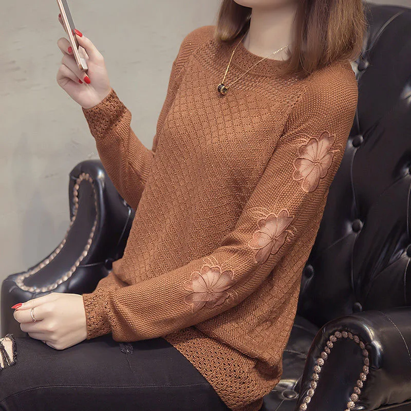 New Autumn Fashion Trend Hollow Lace Loose and Versatile Round Neck Solid Color Fashionable Women\'s Knitted Long Sleeve Sweater