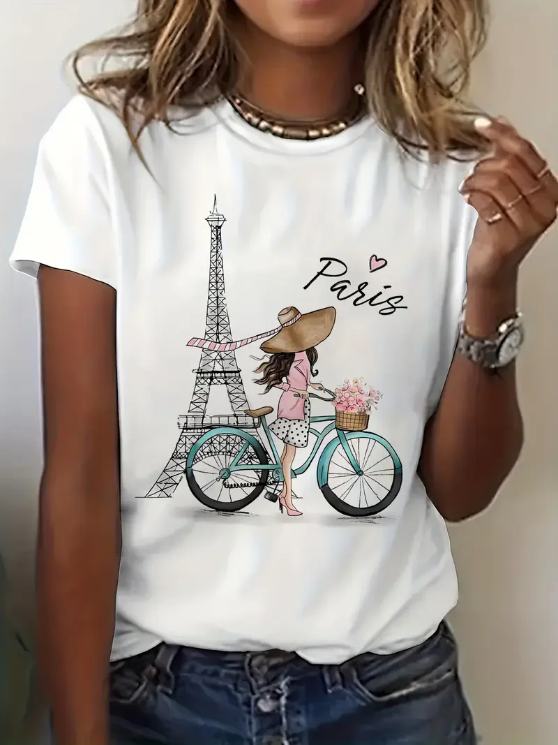 

Y2k Paris Girl with Bike Print Short Sleeve Printed T Shirt Clothing Women's T-Shirt Graphic Clothing Women's Top Tee