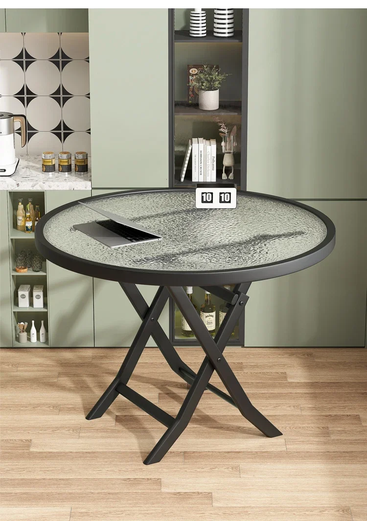 Folding dining table, small apartment, household tempered glass, round table, dining table, outdoor foldable balcony