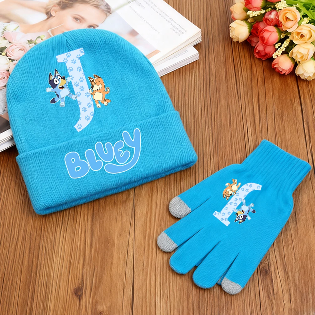 2PCS Blueys Knitted Hat Gloves Set Anime Bingo Letter A-Z Print Warm Accessories Boys Girls Beanies Gloves Birthday Xmas Gift