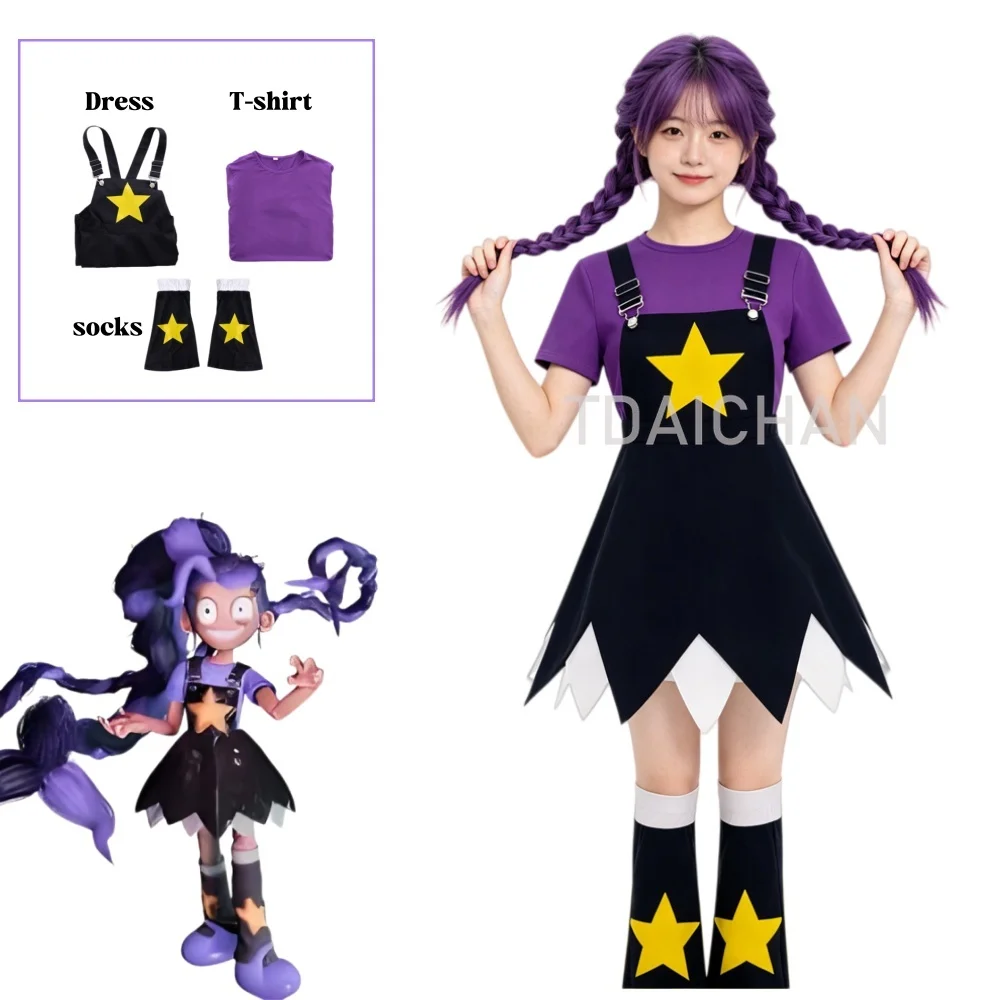 Costume de cosplay Popy Lily avec T-shirt, chaussettes, accessoires imprimés étoiles, ensemble de robe pour femme pour fête d'Halloween