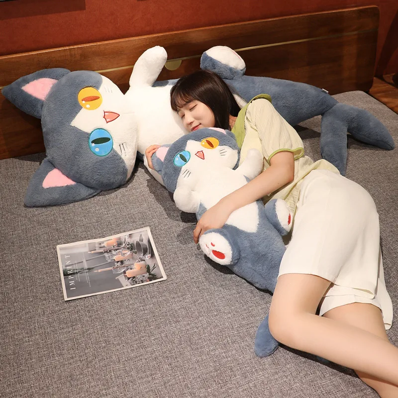 50/85/135cm Kawaii Alien Cat Plush Toys Lovely Lying Cat Pillow with Shark's Tail Stuffed Soft Cushion Birthday Gift