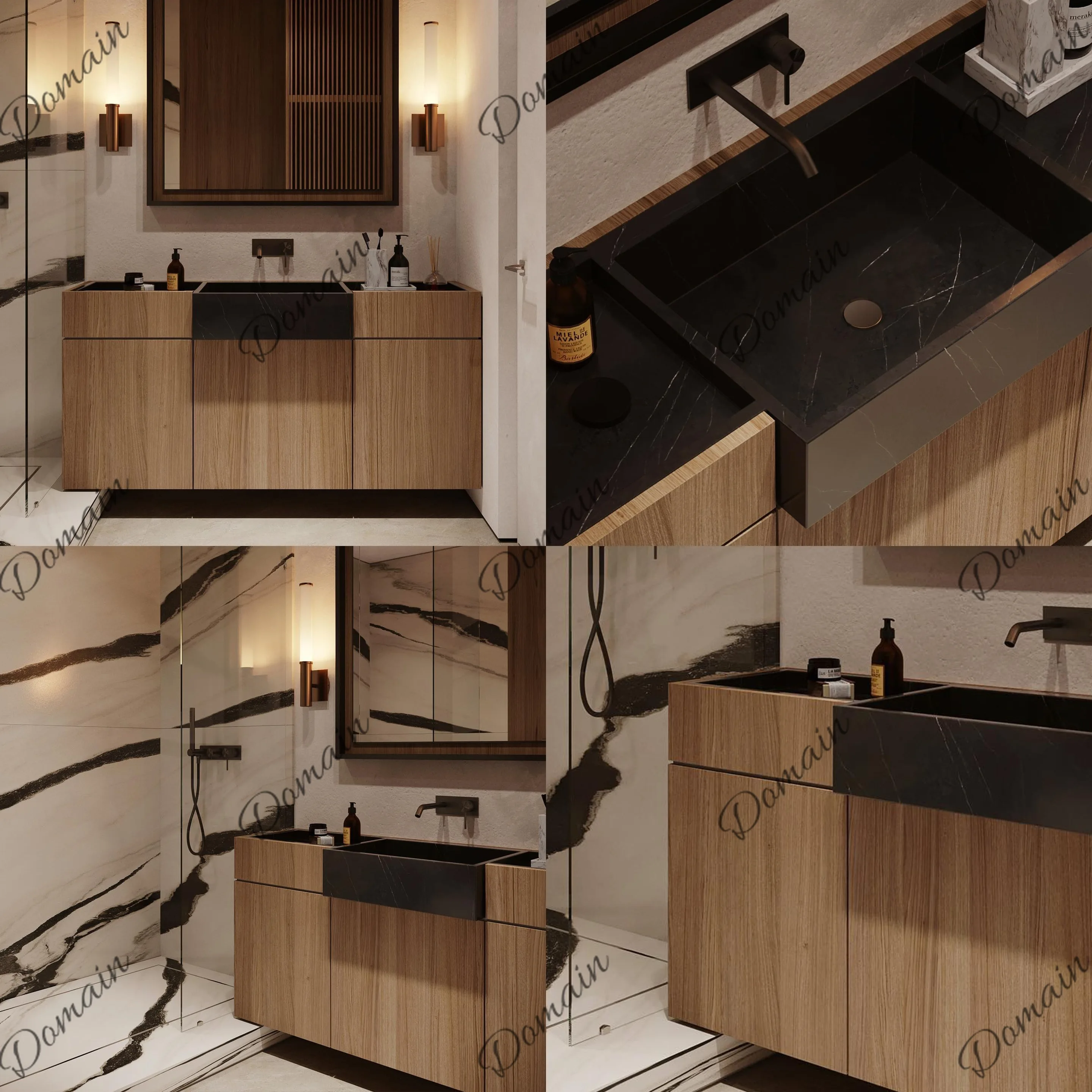 Minimalist Wood Grain Stone Basin Floor Bathroom Vanity Custom Solid Surface Washbasin Sink