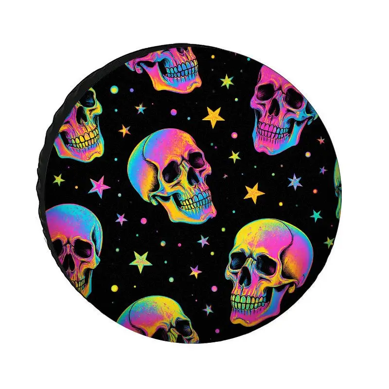 Colorful Neon Skull Star Pattern Polyester Tire Cover, Dustproof And Sunproof, Stylish And Trendy Universal Protection For Cars,