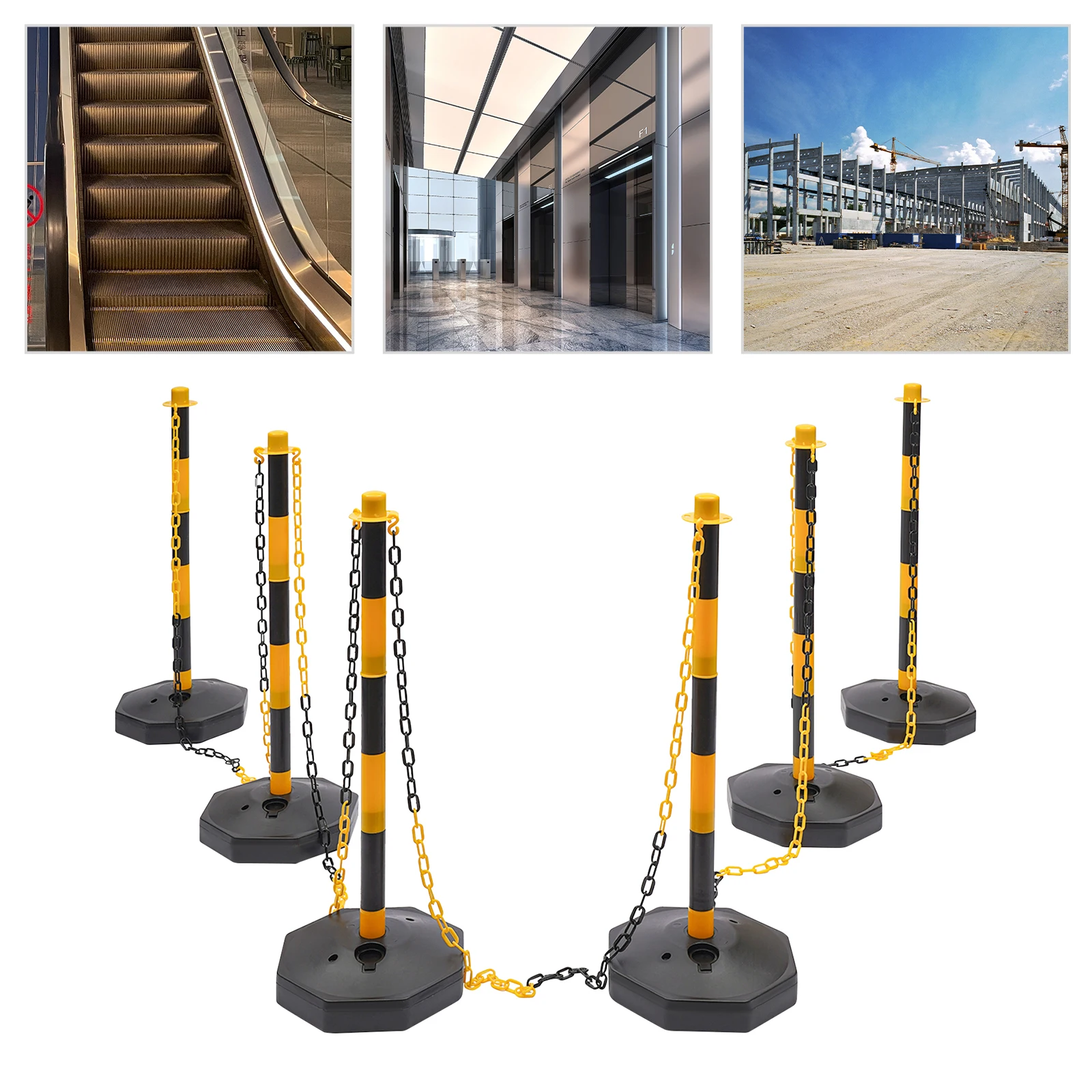

6 Pack Warning Column Set with 6 Bases 6 Black Yellow Columns 5*2M Chains and 10*S Buckles Delineator Post Cones