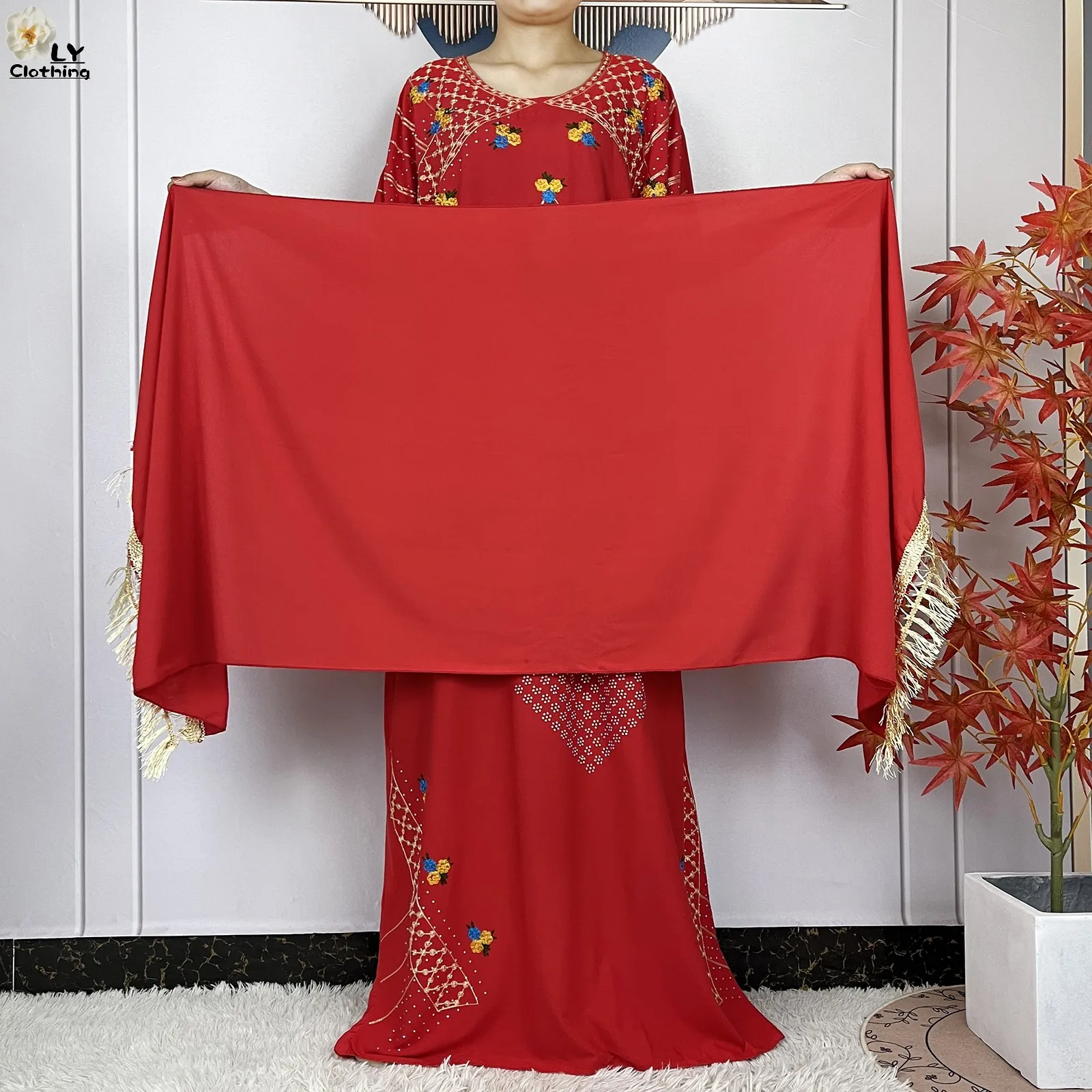 New Muslim Abaya Femme Short Sleeve Dress With Big Scarf 2024 Summer Women Loose Maxi Embroidery Cotton African Islamic Clothing