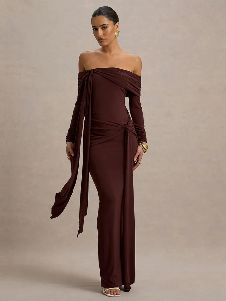 

Apprabant Off Shoulder Long Sleeve Slim Bodycone Maxi Dress Women's Backless Patchwork Ribbon Solid Long Dress Elegant Partywear