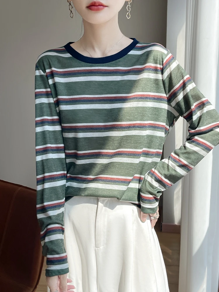 

Slimming Loose Knitted Stripe Long Sve Women's T-irt Thin Outerwear Sweater Casual Sle Comfortable Soft round Ne Top