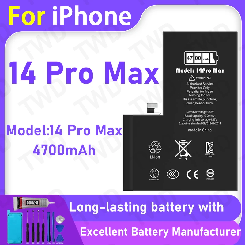 Diagnostic Battery 4700mAh Show Genuine Part No Pop Up Message for iPhone 14 Pro Max New High Quality Replacement+Free Tools