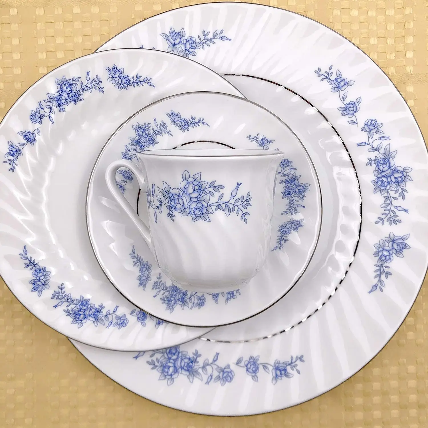 Lynns Royal Rose Floral 45Piece Dinnerware Set Service for 6 999 Fine Silver Trim Embossed Swirl Colorful Floral Print Porcelain