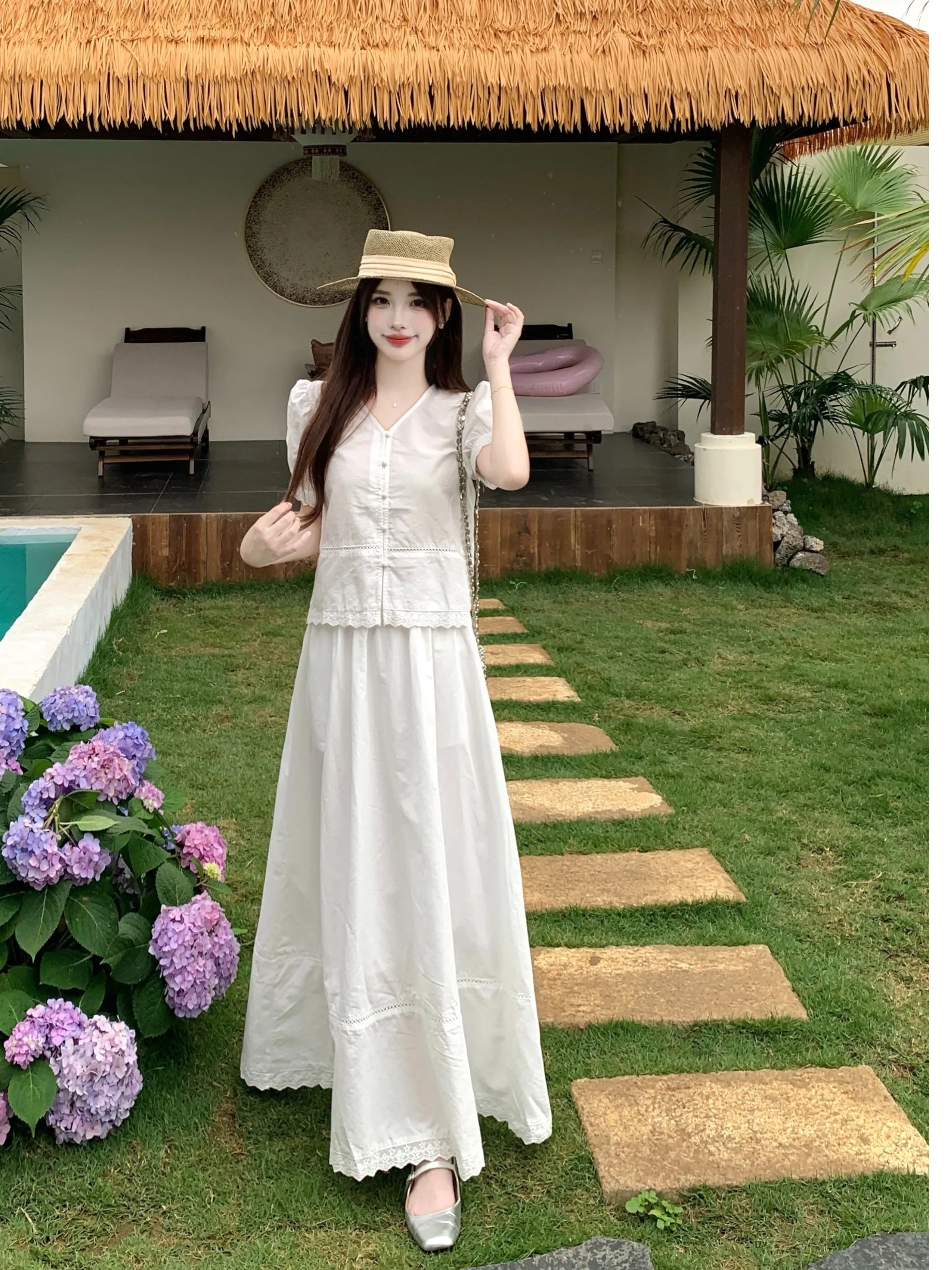 

plus Size Women's White Lace Trim Short Sleeve Shirt Summer New Style High Waist Skirt Two Piece Set Korean Version Slim Fit