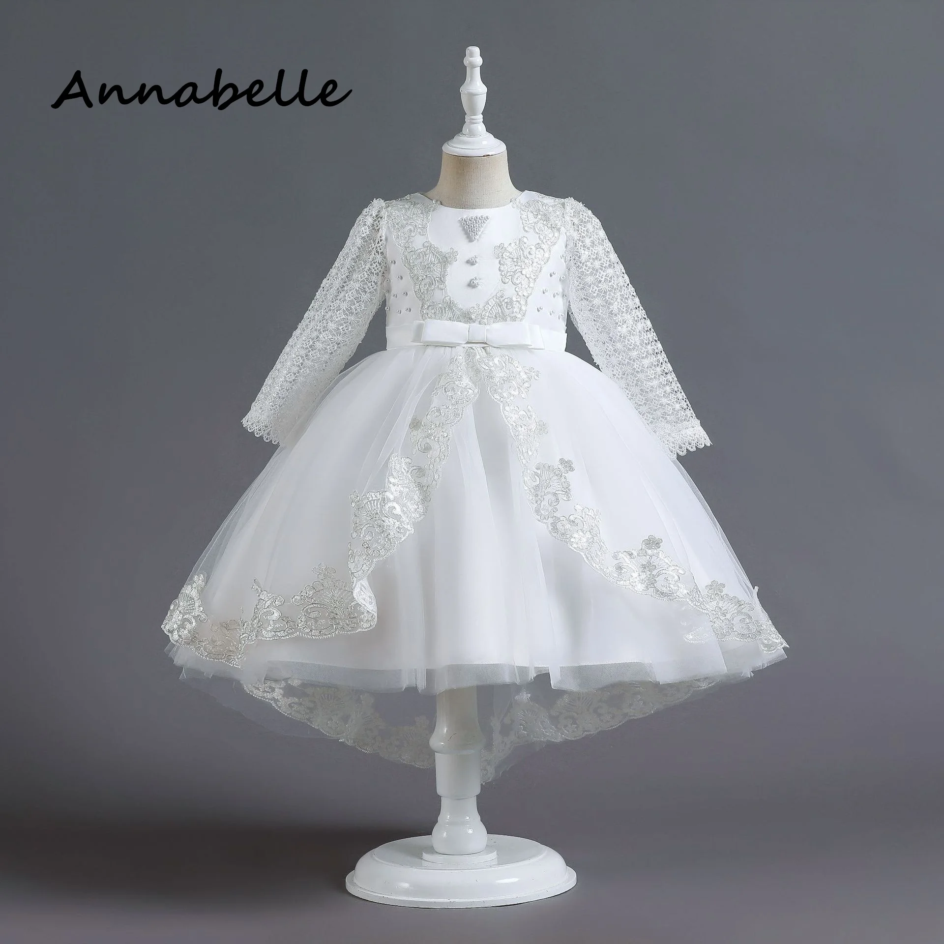 Annabelle-vestido de princesa de flores para niña, vestidos de manga larga hinchados para Ceremonia de cumpleaños, fiesta de boda, dama de honor con lazo