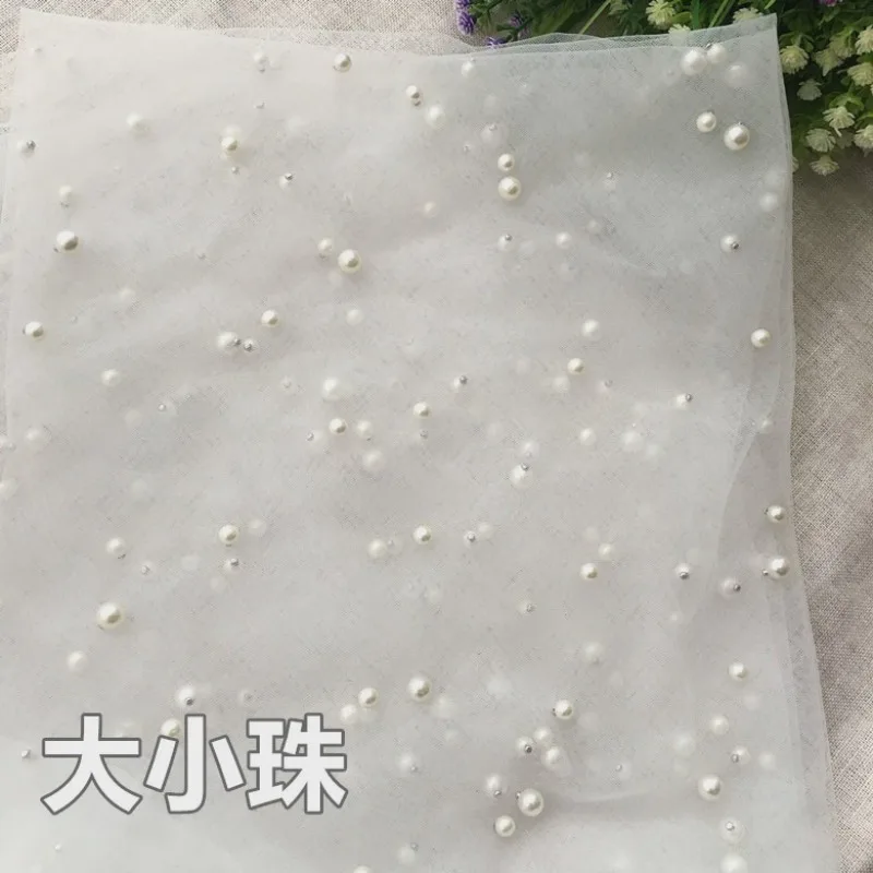 Mistlace White Pearl Embellished Mixed-Size Beaded Net Tulle, Soft and thin Sheer Fabric for Wedding Veil &Evening Gown ML240