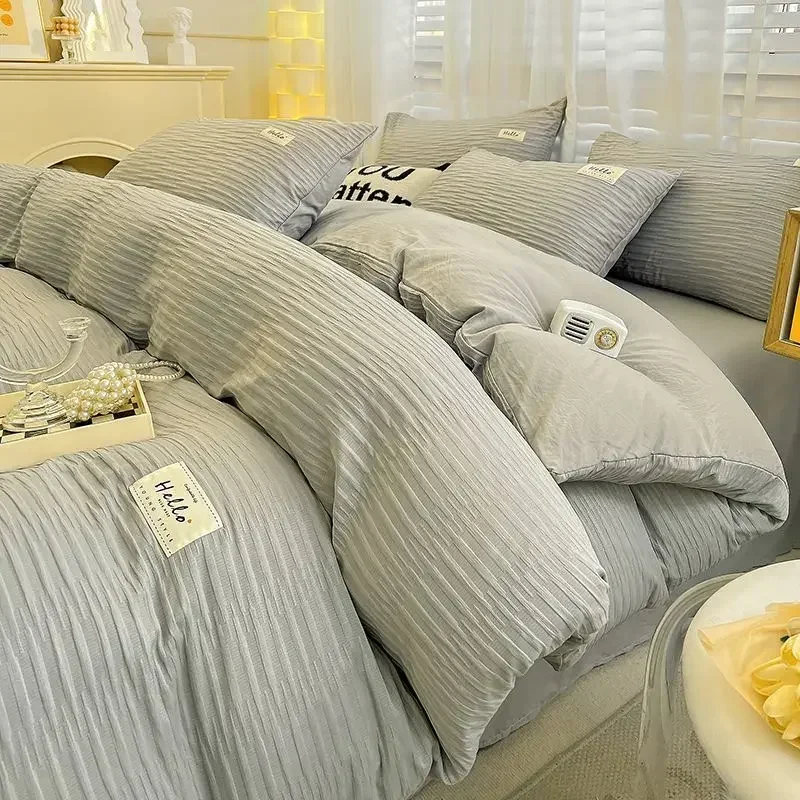 Seersucker Bedding Sets Solid Color Washed Cotton Microfiber Duvet Cover Flat Sheet Pillowcases Soft Duvet Cover Sets