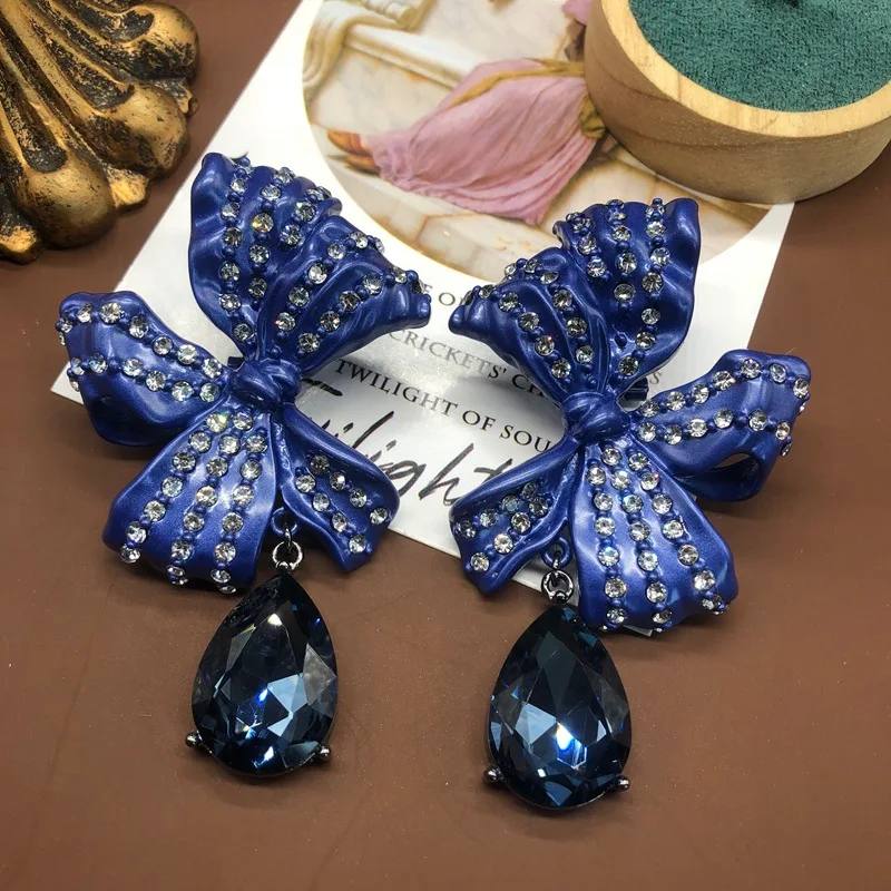 Medieval fashion temperament spray-painted blue stud earrings bows three-dimensional diamond earrings