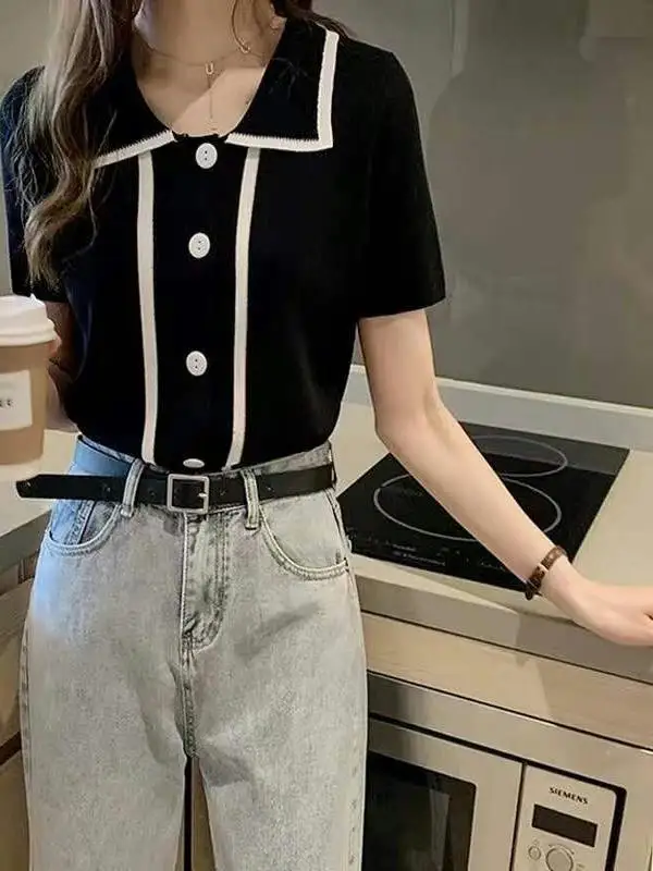 Été 2025 nouveau col ort Sve tricoté irt coupe ajustée décontracté haut tendance femmes Faion Premium Quali T-shirt