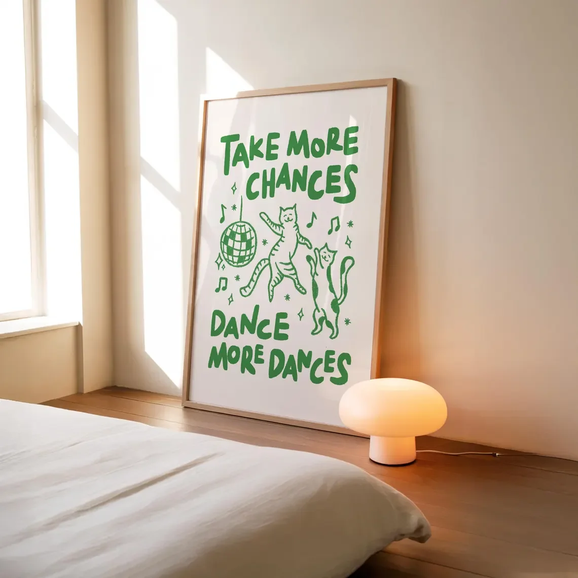 Playful ‘Take More Chances Dance More Dances’ Cat Disco Wall Art – Whimsical Green Print with Dancing Felines & Disco Ball, Perf view 2