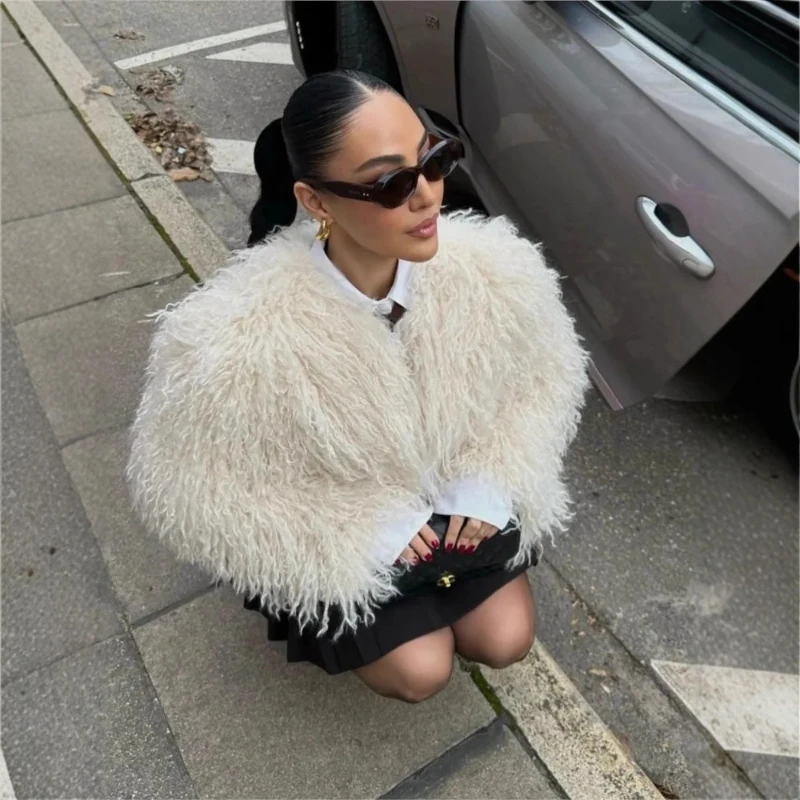 Chaquetas de piel sintética con solapa, chaqueta peluda corta blanca de lana sintética lisa, abrigo de felpa esponjoso 2025, Tops elegantes informales gruesos y cálidos de lujo