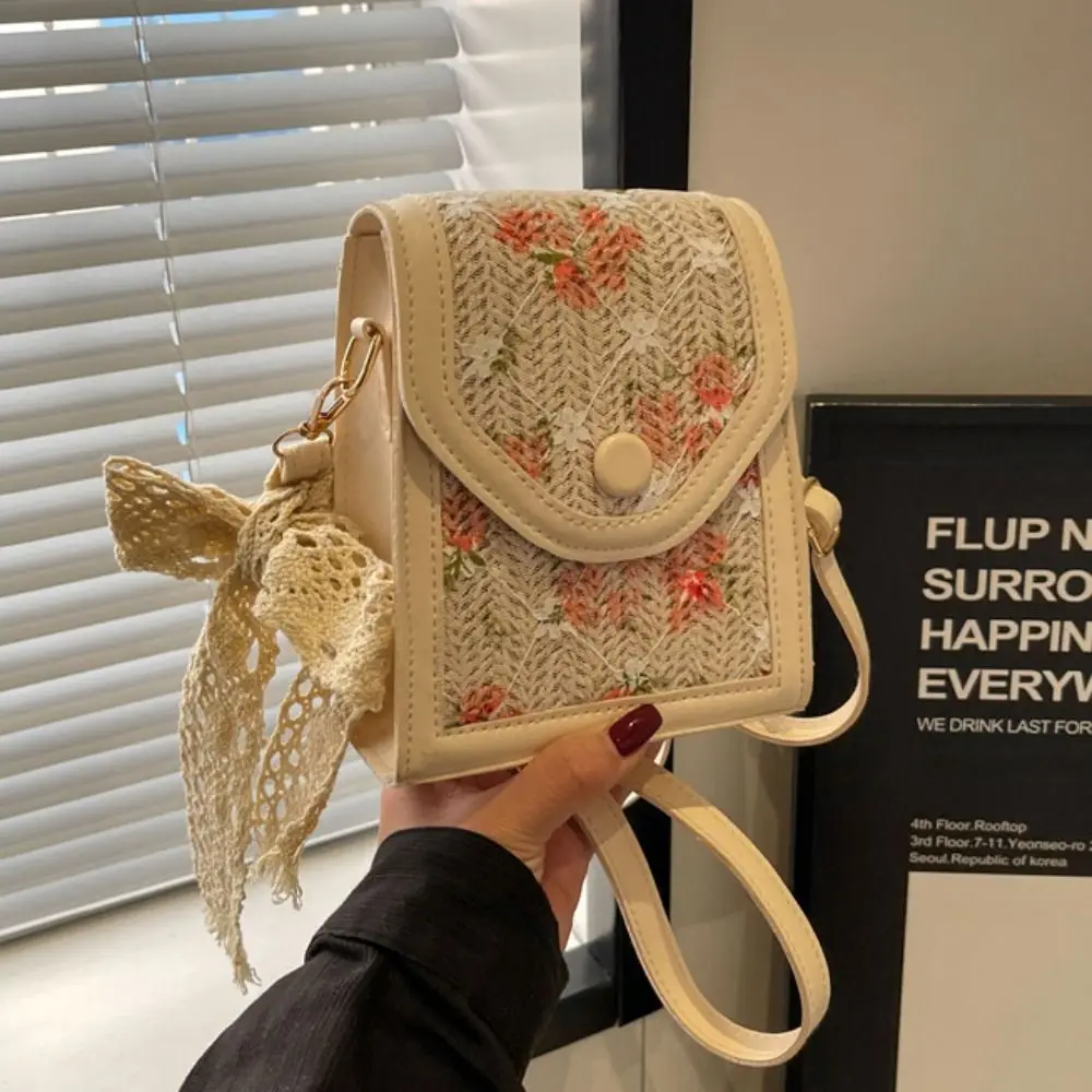 Elegant Lace Ribbon Lovely Woven Handbag Small Flower Pattern Straw Crossbody Bag Rectangle Cute Summer Bag Travel