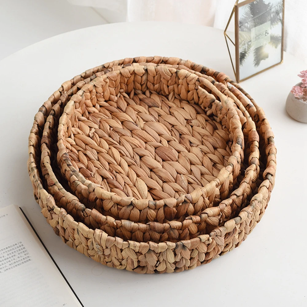 Decorative Round Basket Tray Natural Woven Fruit Vegetable Storage Tray with Handle Grass Weaving Storage Baskets Serving Trays