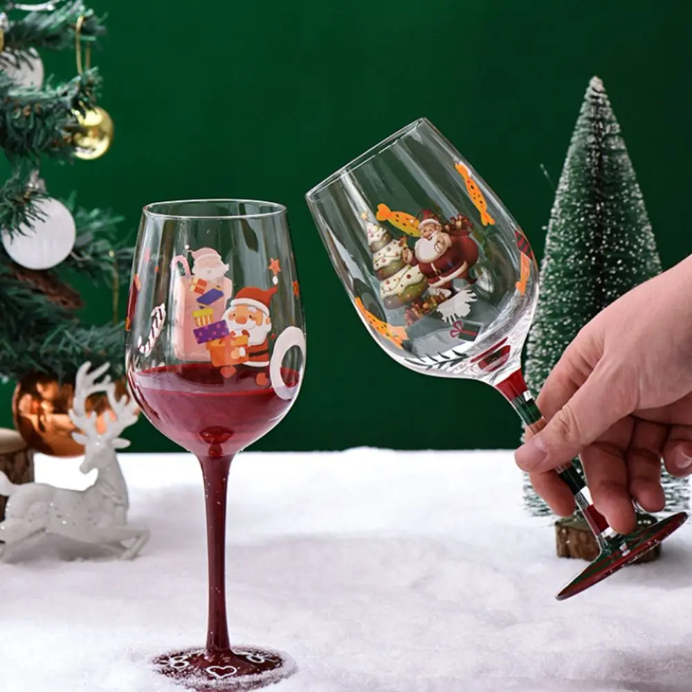 

Hand Painted Christmas Theme Glass Goblet Santa Claus Snowman Pattern Cartoon Red Wine Glass Transparent Crystal Cups