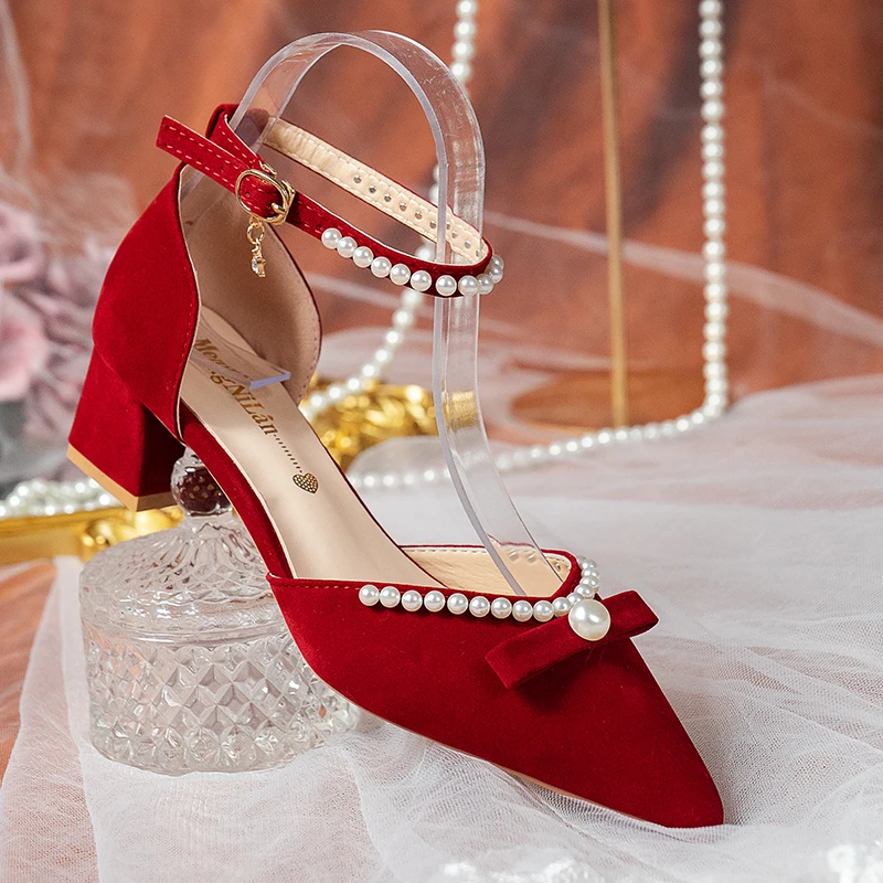 Elegant Pearl Ankle Strap Bride Shoes Women Bow String Bead High Heel Pumps Woman Red Comfortable Square Heels Wedding Shoes