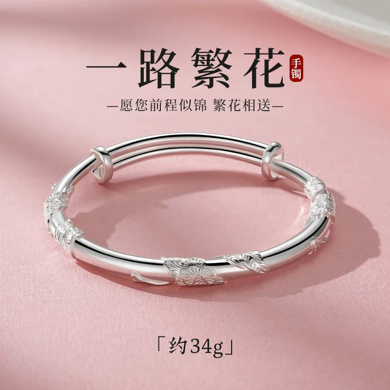 999Sterling Silver Colorful Silver Bracelet Solid Closed Mouth Light Luxury Sterling Silver Push Pull Bracelet Gifts for Girlfri