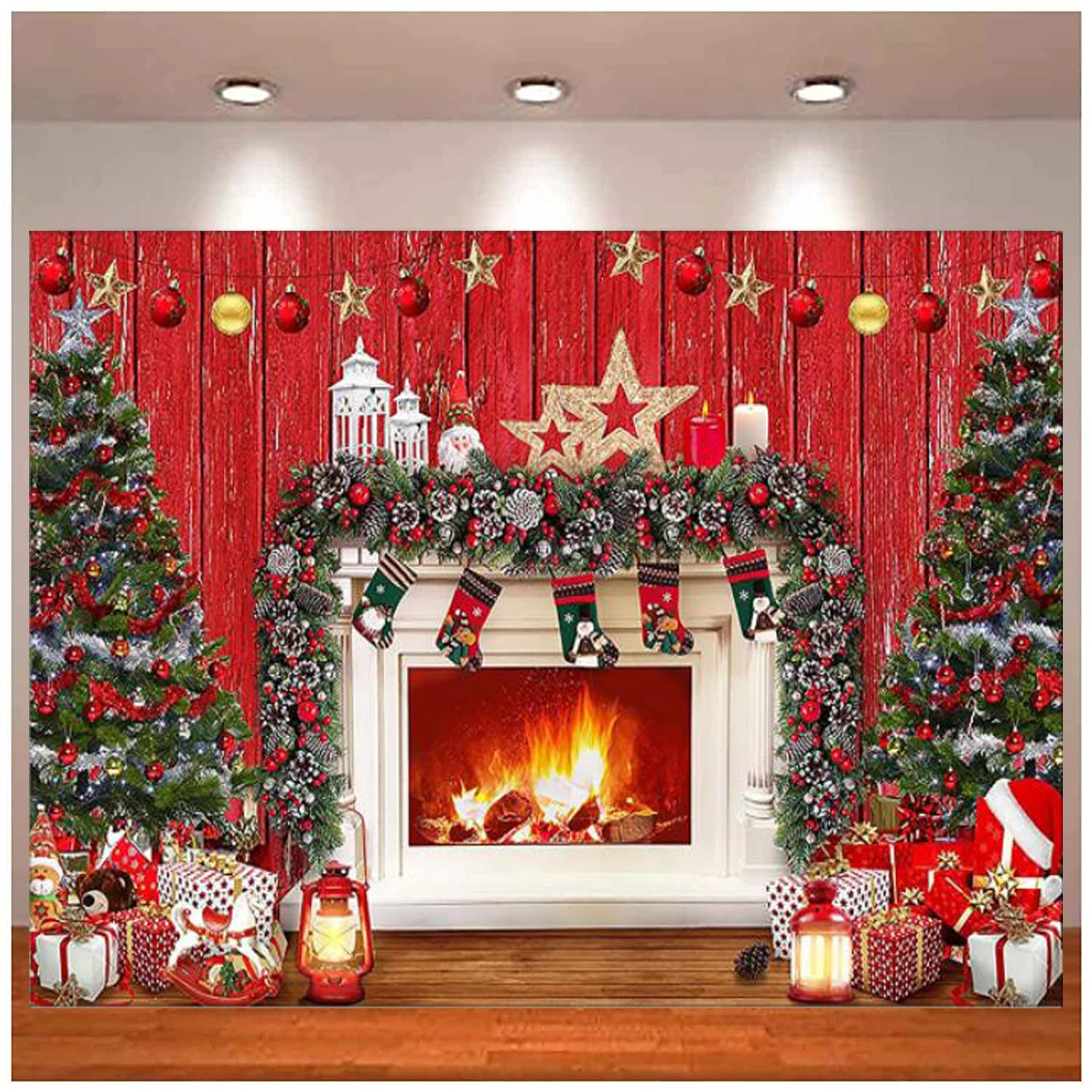 

Christmas Fireplace Photography Backdrop Interior Vintage Xmas Tree Stockings Rustic Wood Background Family Portraits