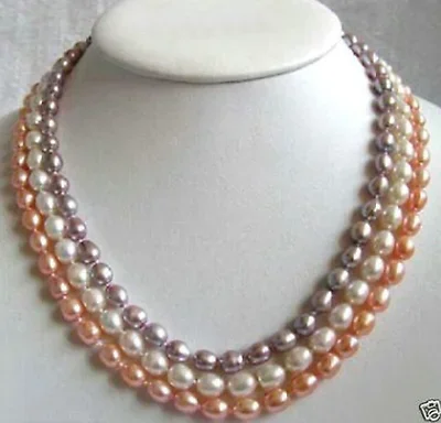 7-8mm 3 Rows Multi-Color Genuine Pink White Purple Pearl Clasp Necklace 18-20