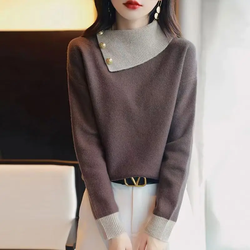 Korean Fashion Autumn Winter Sweaters Women Lapel Contrast Color Button Patchwork Chic Long Sleeve Loose Pullovers Knitted Tops