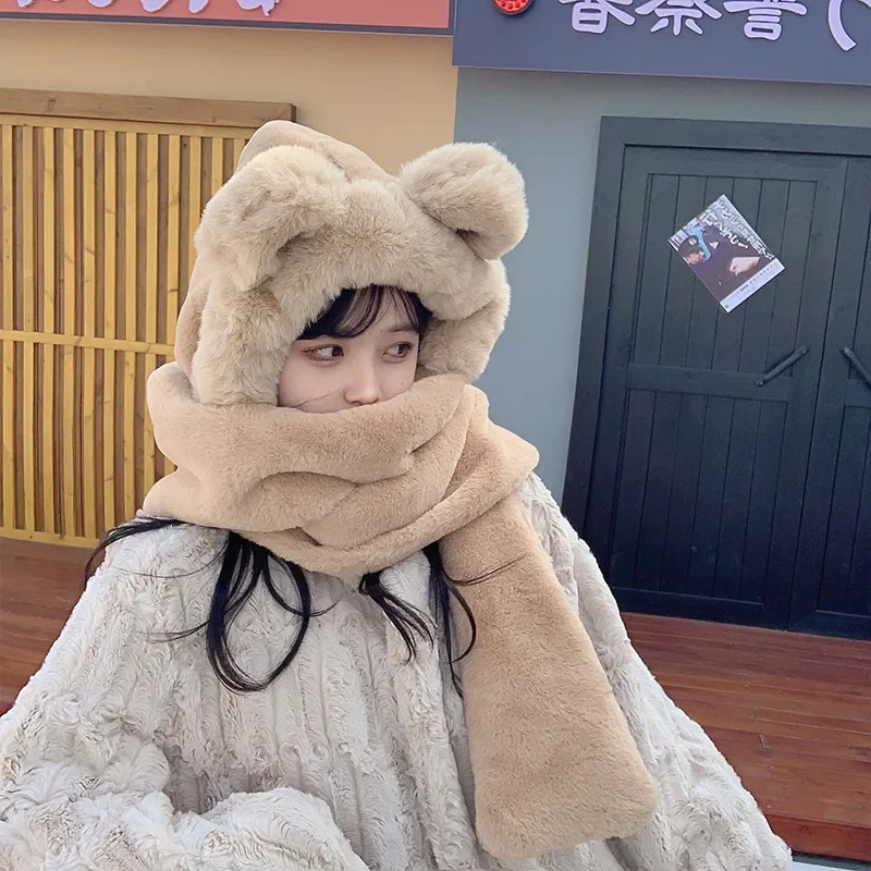 2022 New Winter Thickened Bear Hat Scarf All-in-one Female Korean Version Cute Fashion for Cycling Warm Gloves Three-piece Set