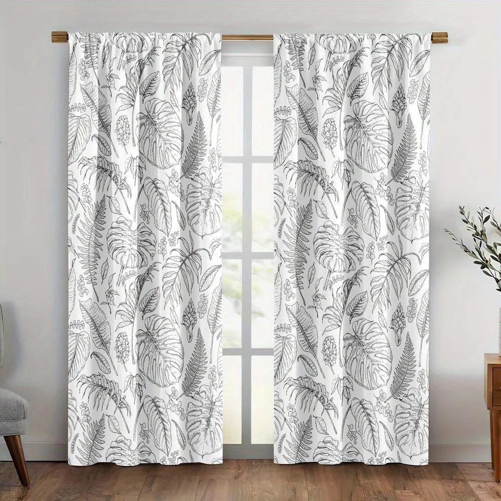 2pc Tropical leaf pattern curtains, made of polyester, machine washable, suitable for living room and bedroom.
