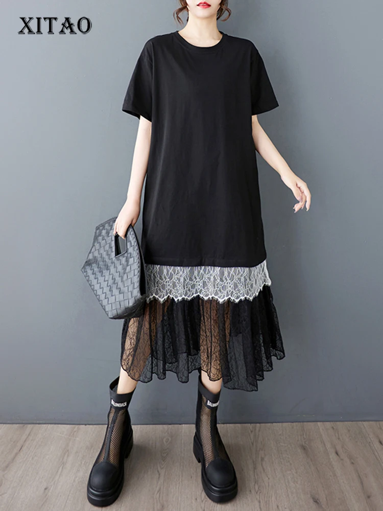 

XITAO Gauze Patchwork Lace Contrast Color Pullover Dress O-neck Short Sleeve Loose A-line Mid-calf Casual T-shirt Dress HQQ2474