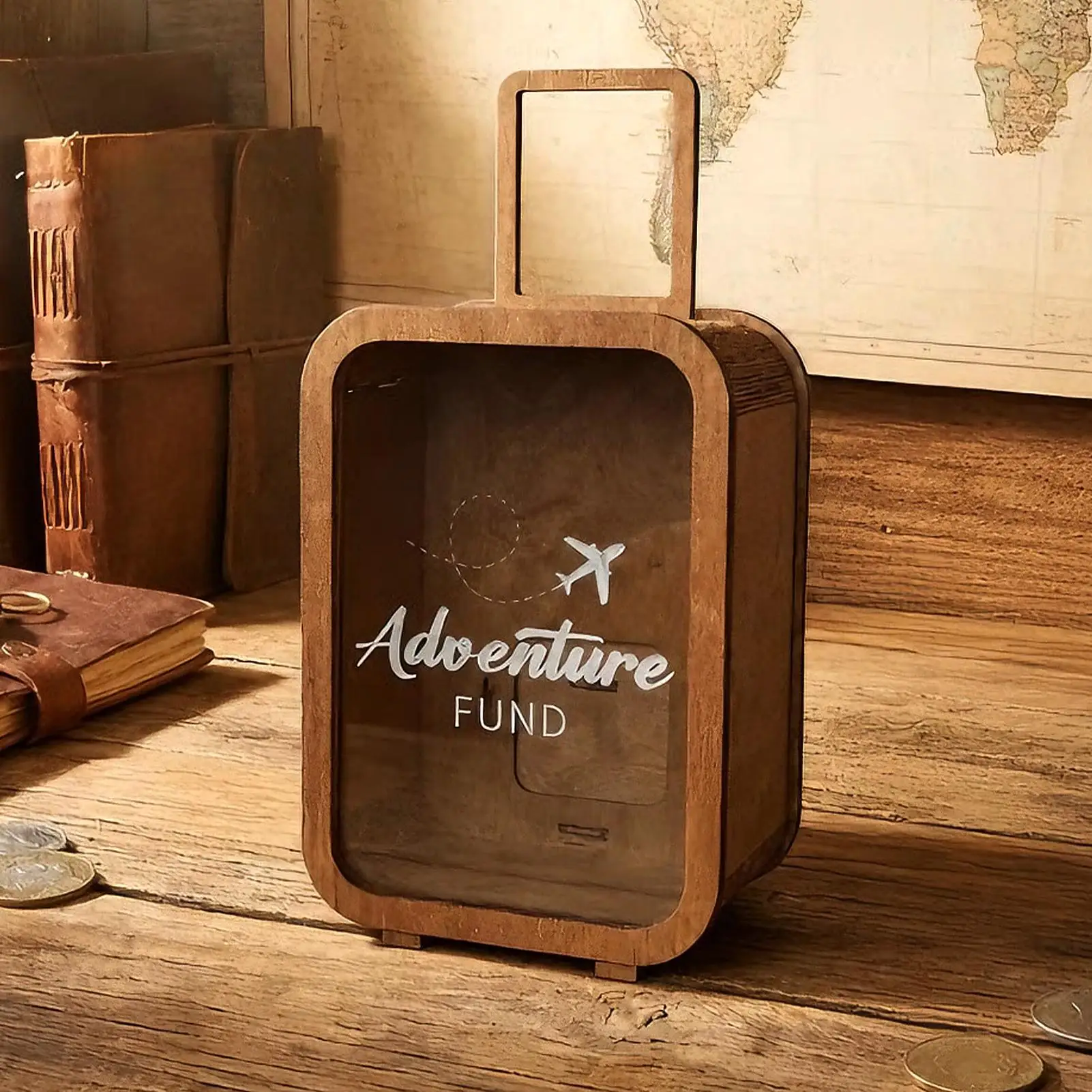 Travel Fund Money Box Wooden Transparent Window Decoration Fund Money Box for Travel Vacation Honeymoon Living Room