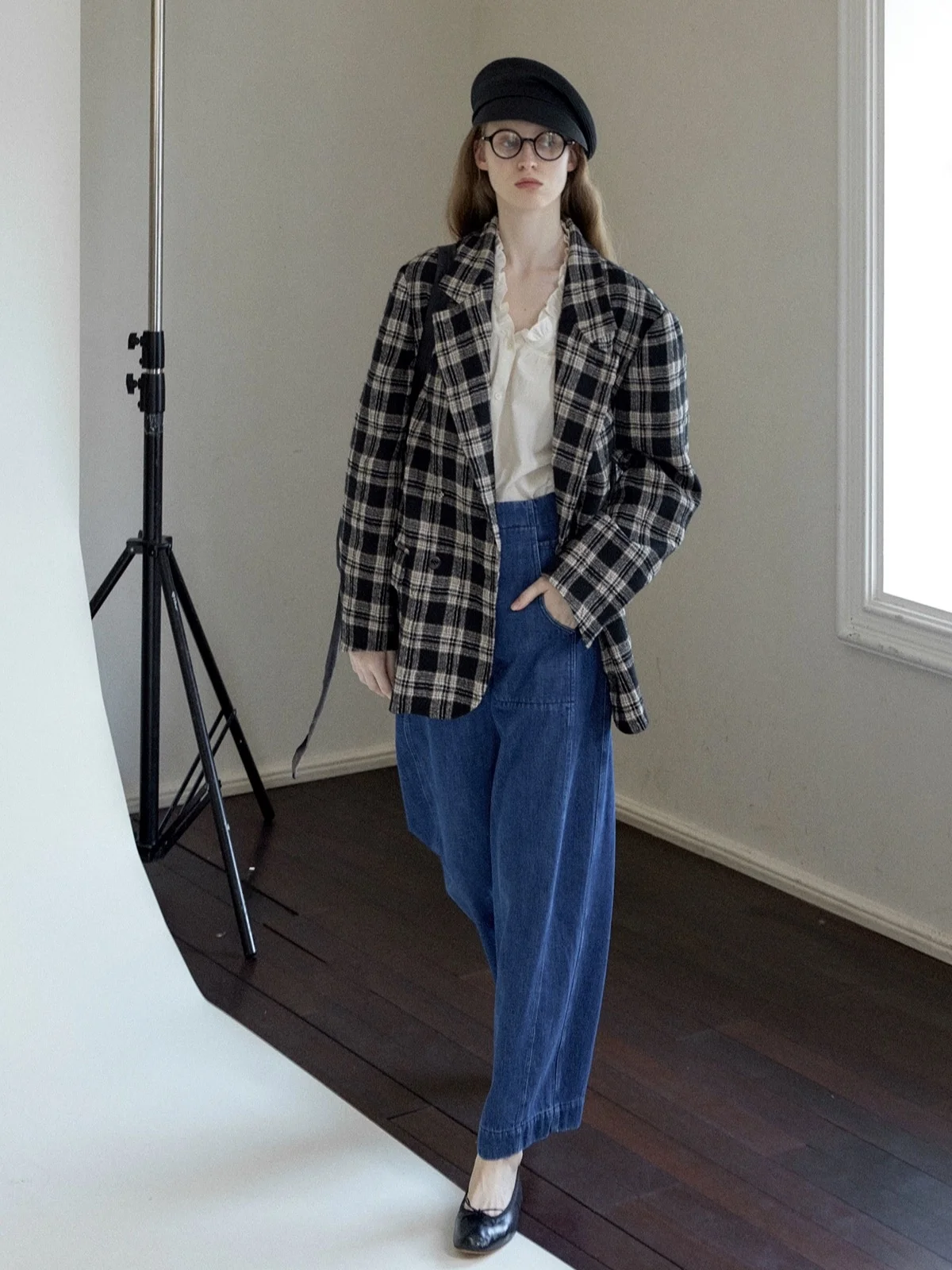 

Early Autumn New Arrival Mixed Cotton Wool Blend Bla White Plaid Outerwear Long Sve Commute Sle Loose Fit Double Breasted