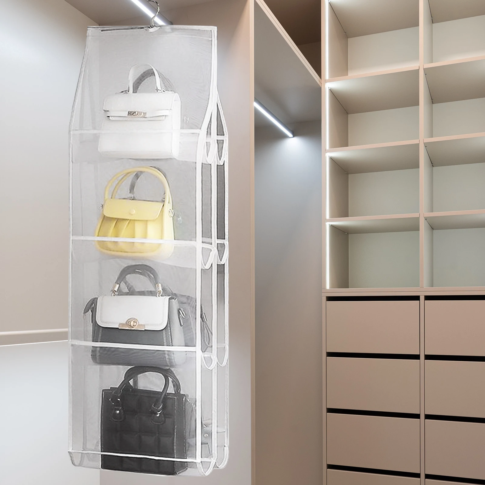 

Hanging Storage Bag Organizer Nylon Mesh Handbag Purse Holder Closet Space Saving Multi Layer// Dust Proof White
