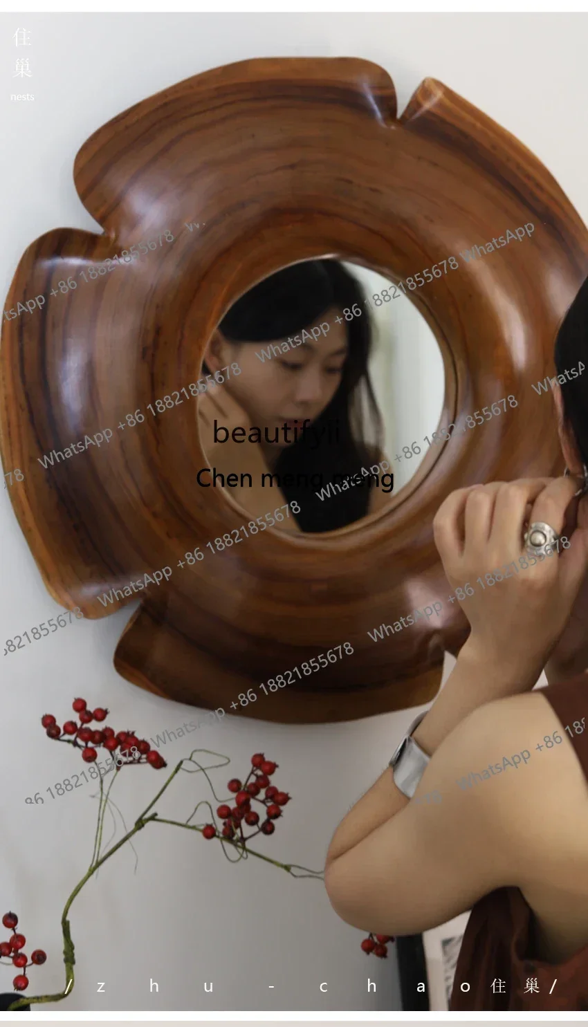 Solid Wood Living Room Art Petal Dressing Table Makeup Mirror Entrance Decoration Bed & Breakfast Wall Hanging Bathroom Mirror