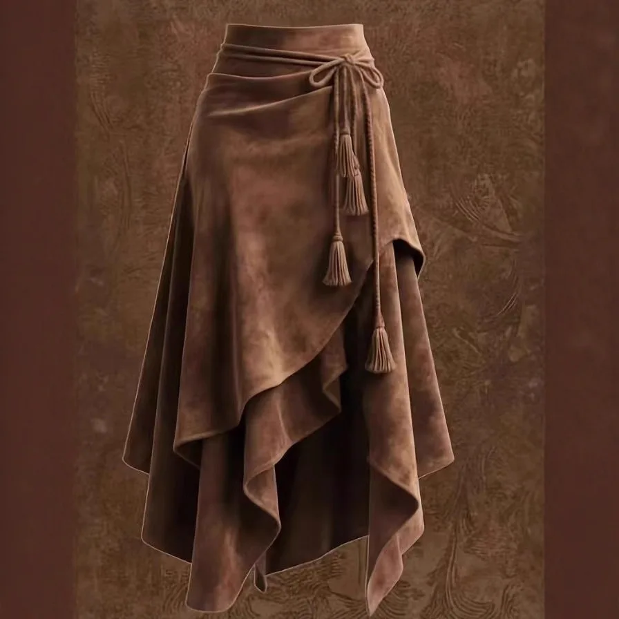 

Женская замшевая юбка-полусолнце кофейного цвета, осенняя, асимметричная, с завязками, утягивающая, А-силуэт, средней длины