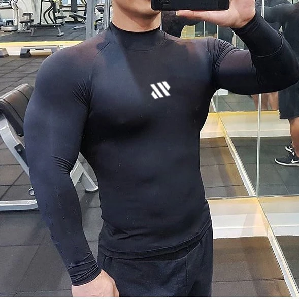 Men Muscle Shirts Turtleneck Long Sleeve Quick Dry Slim Fit for Men Workout Gym Fitness Underwear Tee Shirt