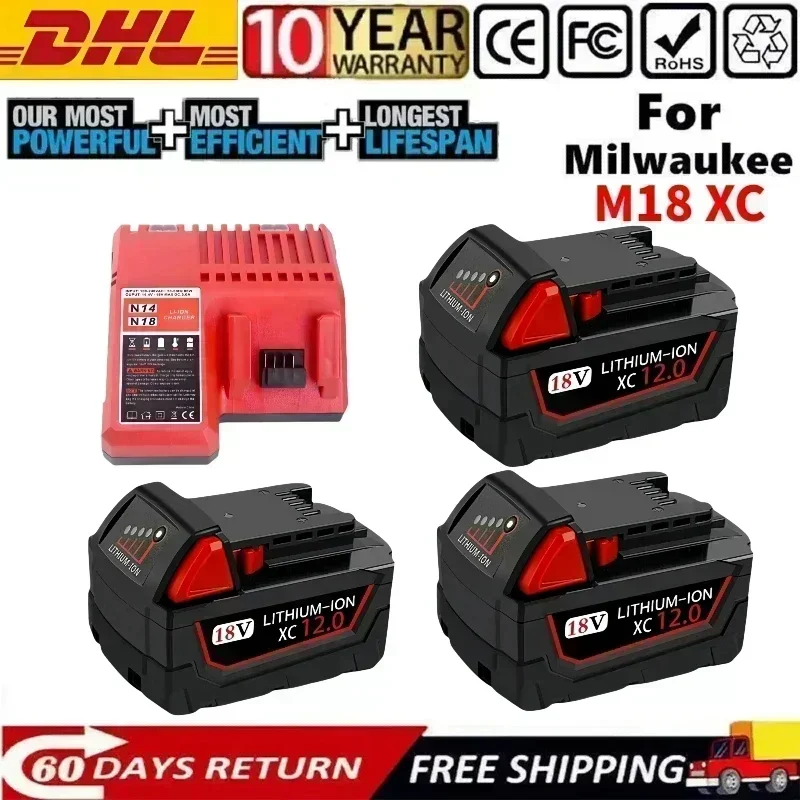 

18V 12Ah Rechargeable Battery For Milwaukee for M18 XC Power Tool Replacement Lithium Battery Built-in BMS 48-11-1860 48-11-1850